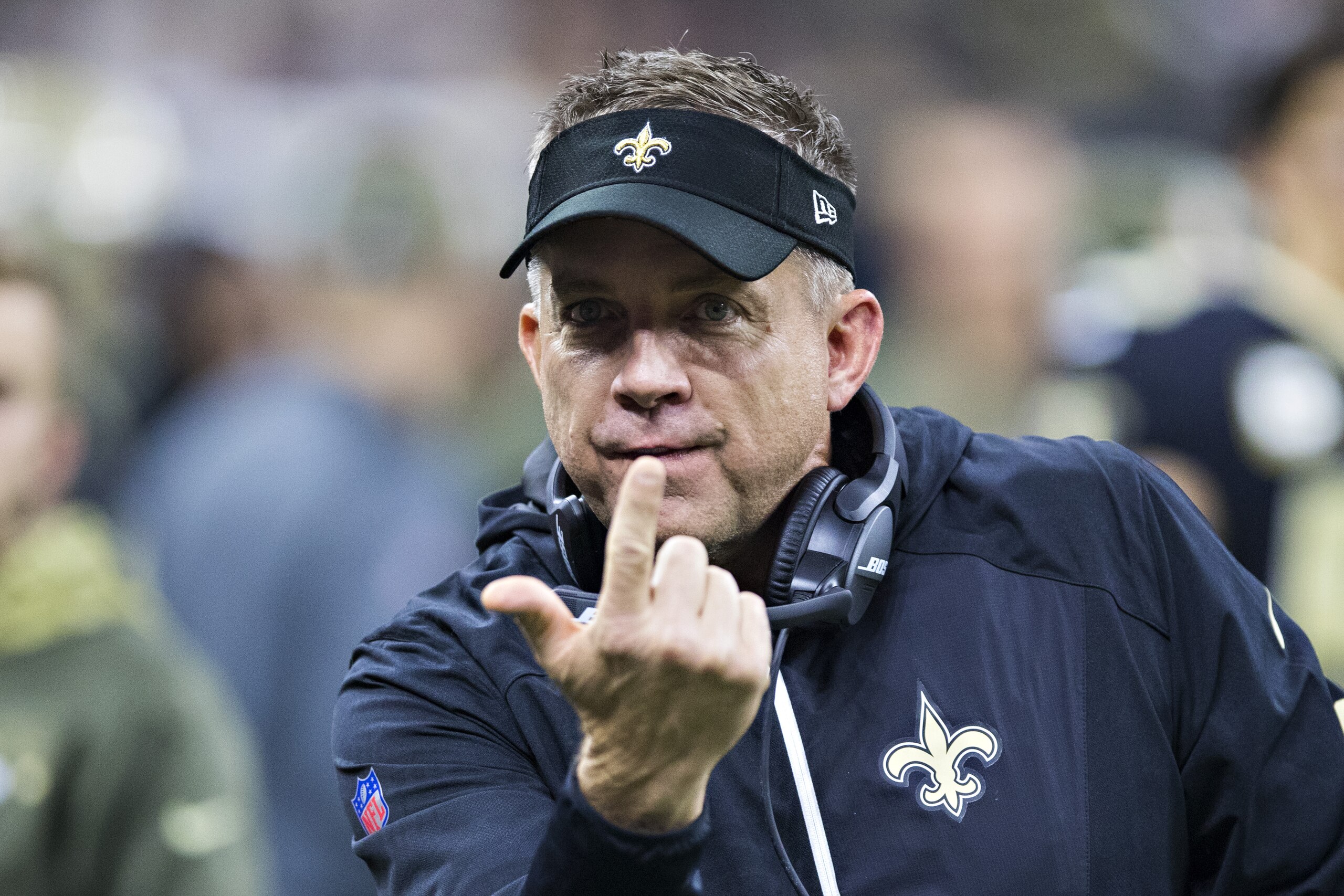 NEW ORLEANS, LA - NOVEMBER 5:  Head Coach Sean Payton of the New Orleans Saints signals for someone to come to him during a game against the Tampa Bay Buccaneers at Mercedes-Benz Superdome on November 5, 2017 in New Orleans, Louisiana.  The Saints defeated the Buccaneers 30-10. (Photo by Wesley Hitt/Getty Images)