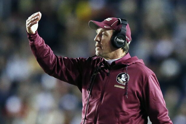 Florida State head coach Jimbo Fisher gives instructions to his team during the first half of an NCAA college football game against Boston College in Boston, Friday, Oct. 27, 2017. Boston College won 35-3. (AP Photo/Michael Dwyer)