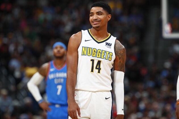 Denver Nuggets guard Gary Harris (14) in the first half of an NBA basketball game Thursday, Nov. 9, 2017. (AP Photo/David Zalubowski)