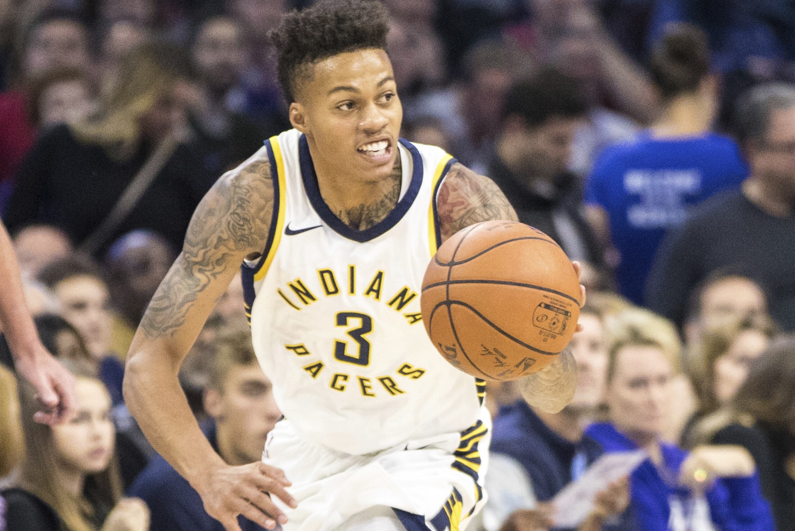 Indiana Pacers' Joe Young in action during the first half of an NBA basketball game against the Philadelphia 76ers, Friday, Nov. 3, 2017, in Philadelphia. The 76ers won 121-110. (AP Photo/Chris Szagola)
