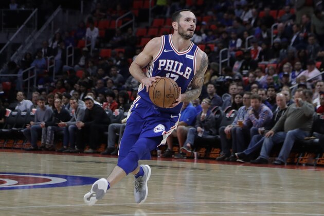 Philadelphia 76ers guard JJ Redick prepares to shoot during the second half of an NBA basketball game against the Detroit Pistons, Monday, Oct. 23,2017, in Detroit. (AP Photo/Carlos Osorio)