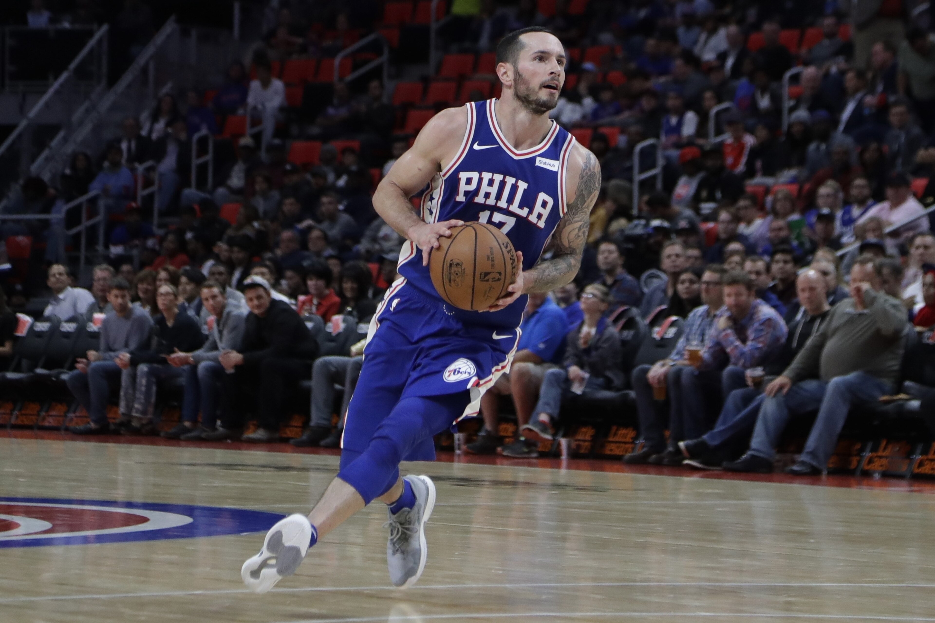 Philadelphia 76ers guard JJ Redick prepares to shoot during the second half of an NBA basketball game against the Detroit Pistons, Monday, Oct. 23,2017, in Detroit. (AP Photo/Carlos Osorio)