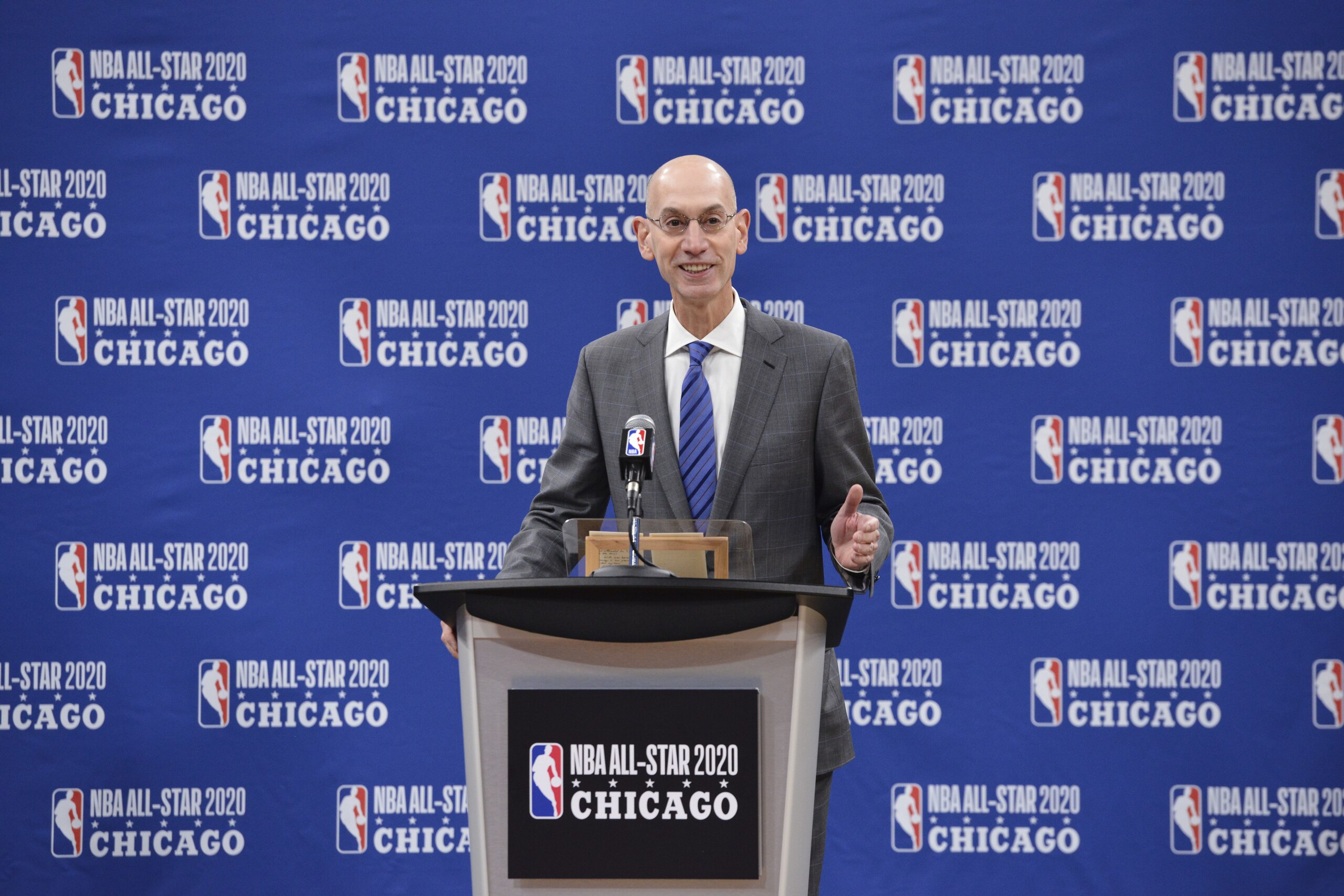 CHICAGO, IL - NOVEMBER 10: NBA Commissioner Adam Silver speaks during the NBA All-Star 2020 Announcement on November 10, 2017 at the United Center in Chicago, Illinois. NOTE TO USER: User expressly acknowledges and agrees that, by downloading and or using this photograph, user is consenting to the terms and conditions of the Getty Images License Agreement. Mandatory Copyright Notice: Copyright 2017 NBAE (Photo by David Dow/NBAE via Getty Images)