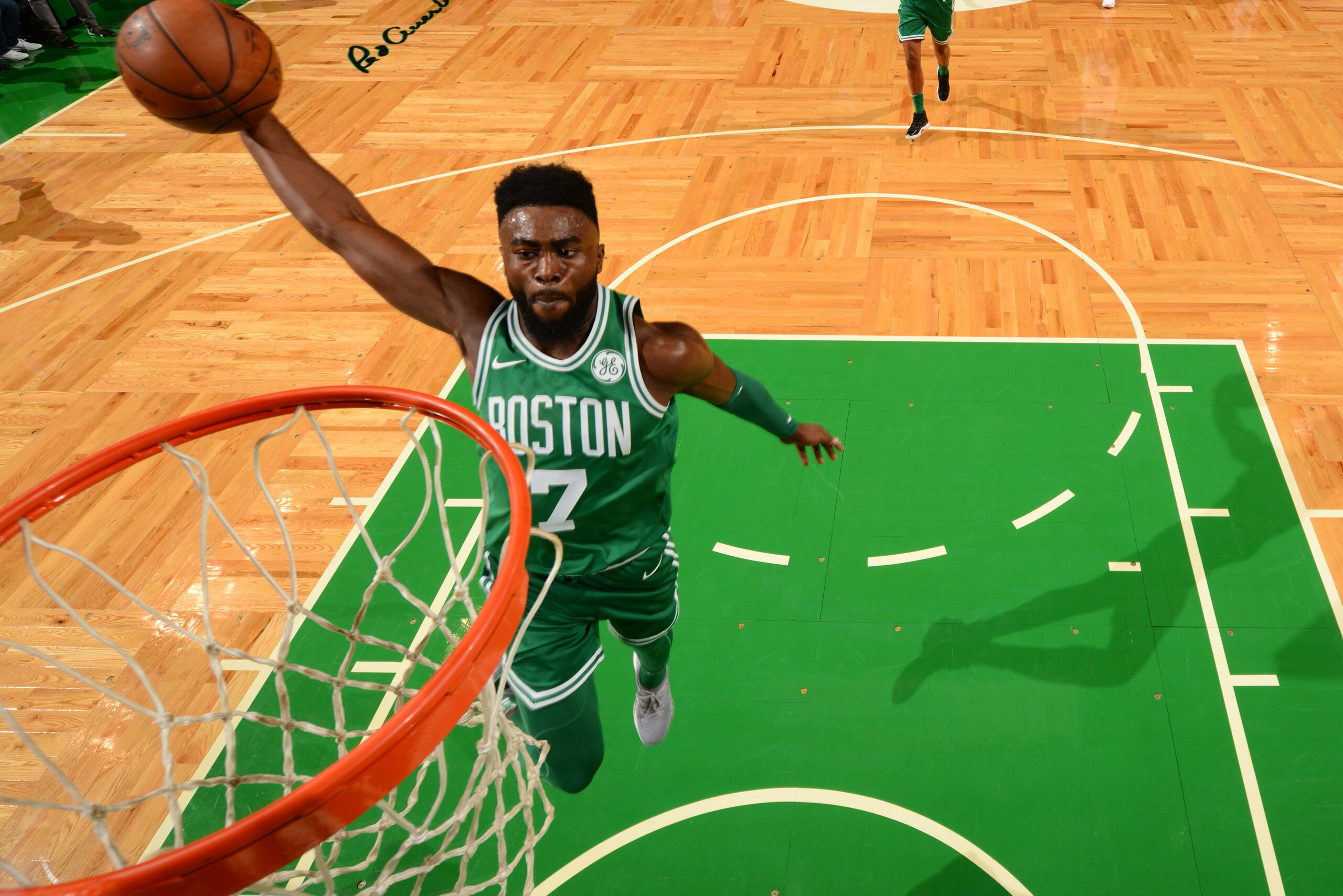 BOSTON, MA - NOVEMBER 16: Jaylen Brown #7 of the Boston Celtics dunks the ball during the game against the Golden State Warriors on November 16, 2017 at the TD Garden in Boston, Massachusetts. NOTE TO USER: User expressly acknowledges and agrees that, by downloading and or using this photograph, User is consenting to the terms and conditions of the Getty Images License Agreement. Mandatory Copyright Notice: Copyright 2017 NBAE (Photo by Jesse D. Garrabrant/NBAE via Getty Images)