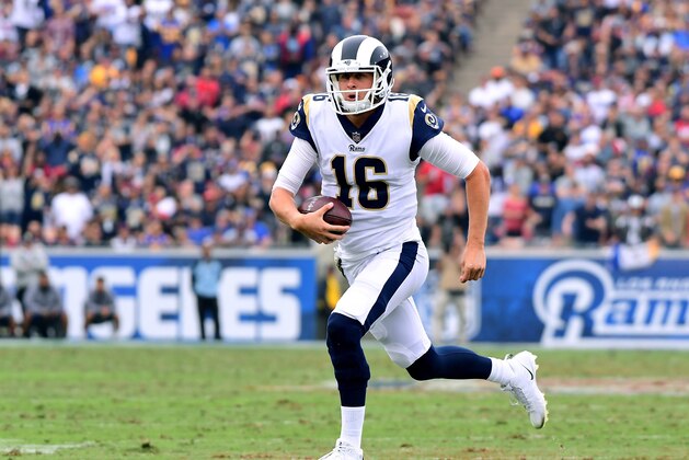 LOS ANGELES, CA - NOVEMBER 12:  Jared Goff #16 of the Los Angeles Rams runs out of the pocket during the game against the Houston Texans at Los Angeles Memorial Coliseum on November 12, 2017 in Los Angeles, California.  (Photo by Harry How/Getty Images)
