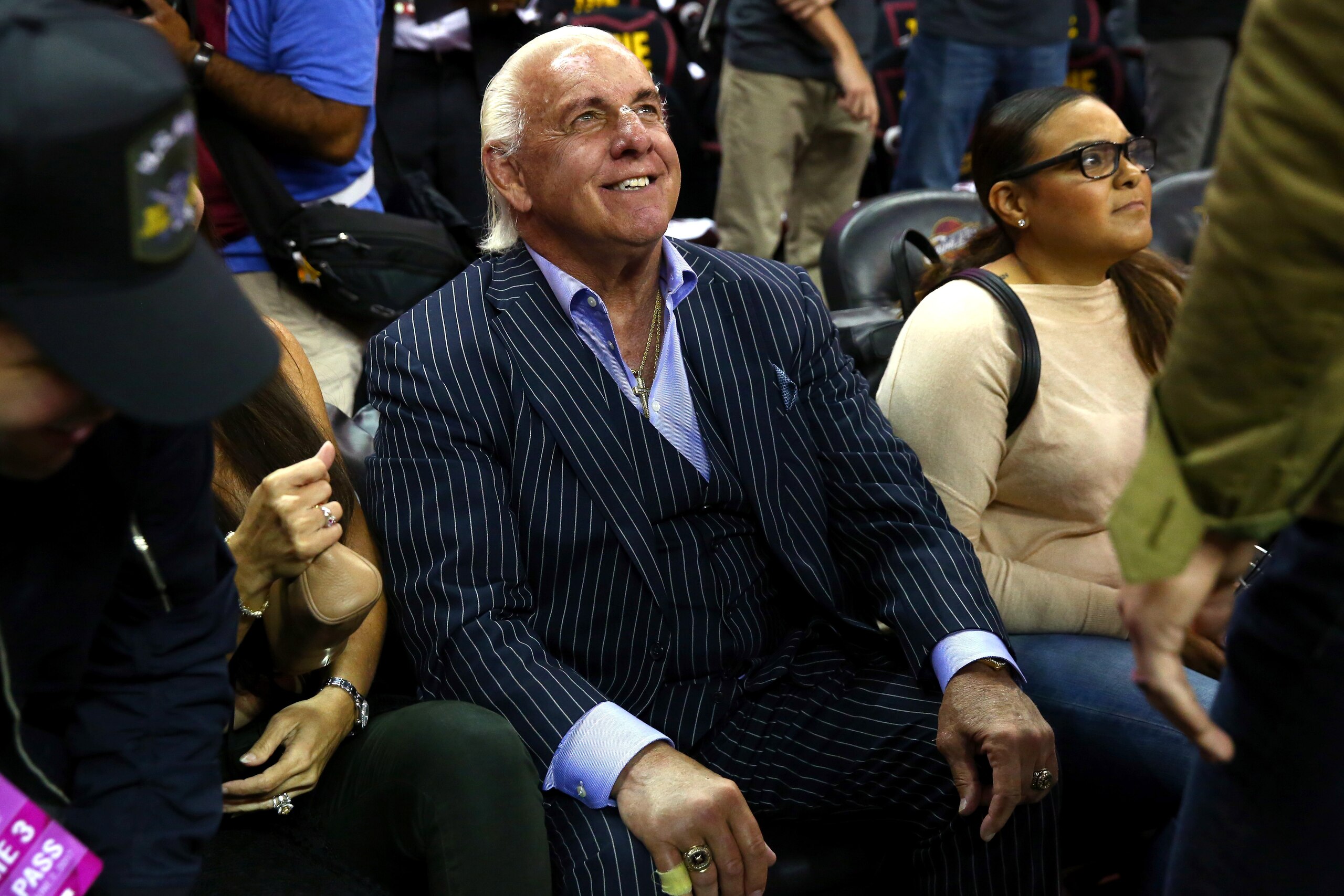 CLEVELAND, OH - JUNE 07: Former wrestler Ric Flair attends Game 3 of the 2017 NBA Finals between the Golden State Warriors and the Cleveland Cavaliers at Quicken Loans Arena on June 7, 2017 in Cleveland, Ohio. NOTE TO USER: User expressly acknowledges and agrees that, by downloading and or using this photograph, User is consenting to the terms and conditions of the Getty Images License Agreement.  (Photo by Ronald Martinez/Getty Images)