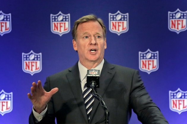 FILE - In this Oct. 18, 2017, file photo, NFL commissioner Roger Goodell speaks during a news conference in New York. The AP reported Nov. 3, 2017,  that a viral online story claiming Goodell had been ousted from his post leading the league was untrue. (AP Photo/Julie Jacobson, File)