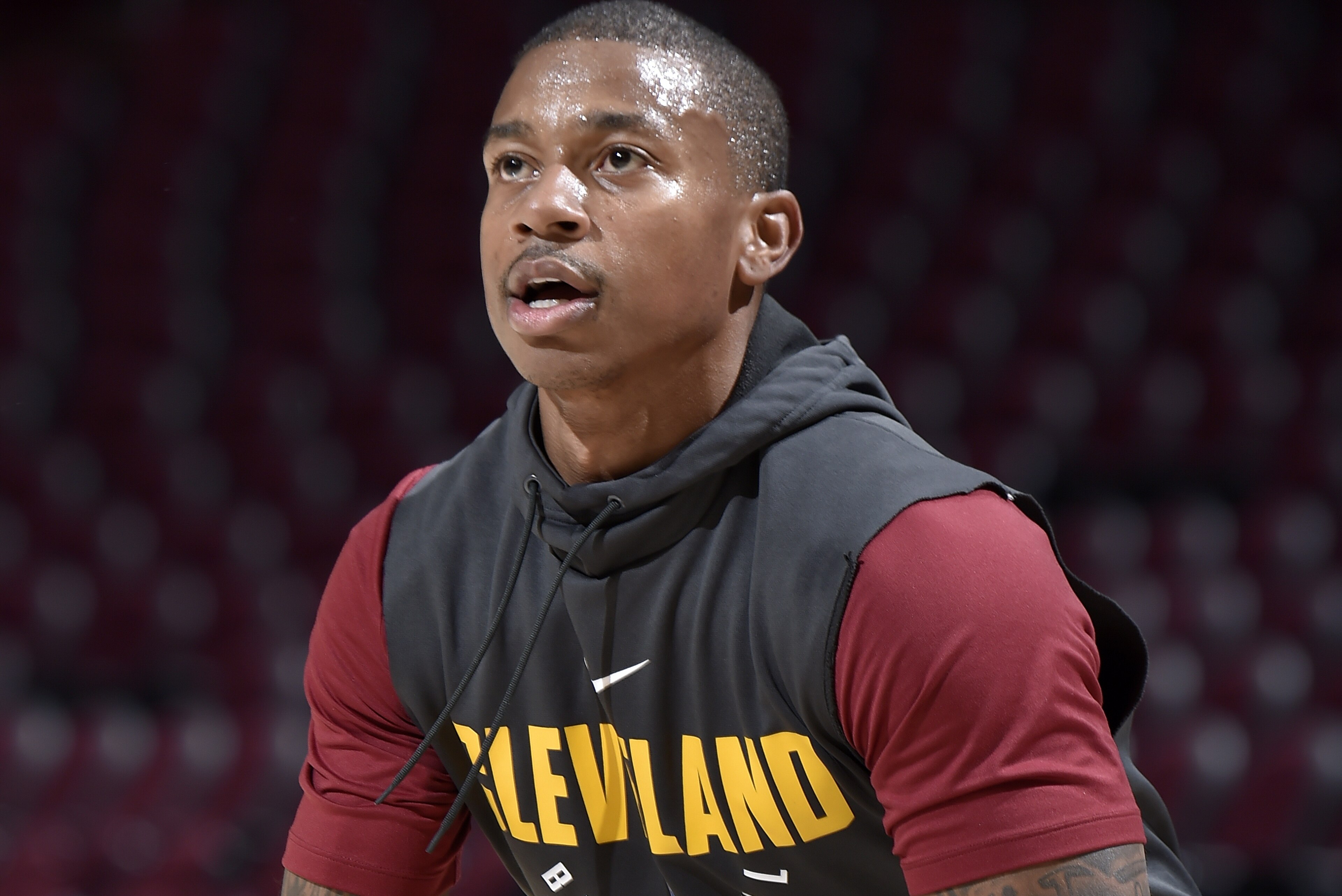 CLEVELAND, OH - OCTOBER 29: Isaiah Thomas #3 of the Cleveland Cavaliers warms up prior to the game against the New York Knicks on October 29. 2017 at Quicken Loans Arena in Cleveland, Ohio. NOTE TO USER: User expressly acknowledges and agrees that, by downloading and/or using this Photograph, user is consenting to the terms and conditions of the Getty Images License Agreement. Mandatory Copyright Notice: Copyright 2017 NBAE  (Photo by David Liam Kyle/NBAE via Getty Images)