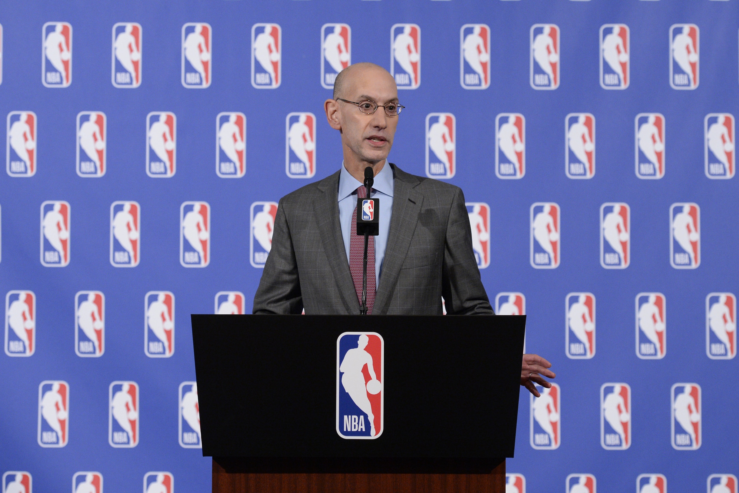 NEW YORK CITY - SEPTEMBER 28: NBA Commissioner Adam Silver speaks during the Board of Governors Press Conference on September 28, 2017 in New York City. NOTE TO USER: User expressly acknowledges and agrees that, by downloading and/or using this photograph, user is consenting to the terms and conditions of the Getty Images License Agreement. Mandatory Copyright Notice: Copyright 2017 NBAE (Photo by David Dow/NBAE via Getty Images) NEW YORK CITY - SEPTEMBER 28: NBA Commissioner Adam Silver speaks during the Board of Governors Press Conference on September 28, 2017 in New York City. NOTE TO USER: User expressly acknowledges and agrees that, by downloading and/or using this photograph, user is consenting to the terms and conditions of the Getty Images License Agreement. Mandatory Copyright Notice: Copyright 2017 NBAE (Photo by David Dow/NBAE via Getty Images)