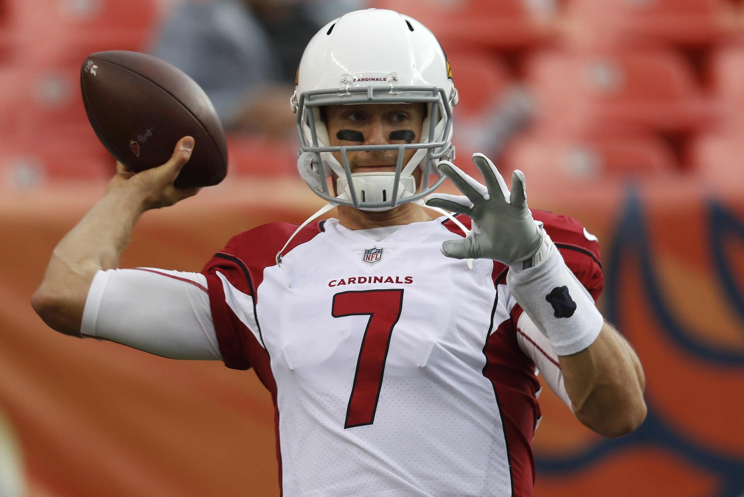 Arizona Cardinals quarterback Blaine Gabbert (7) warms up prior to an NFL preseason football game against the Denver Broncos, Thursday, Aug. 31, 2017, in Denver. (AP Photo/David Zalubowski)