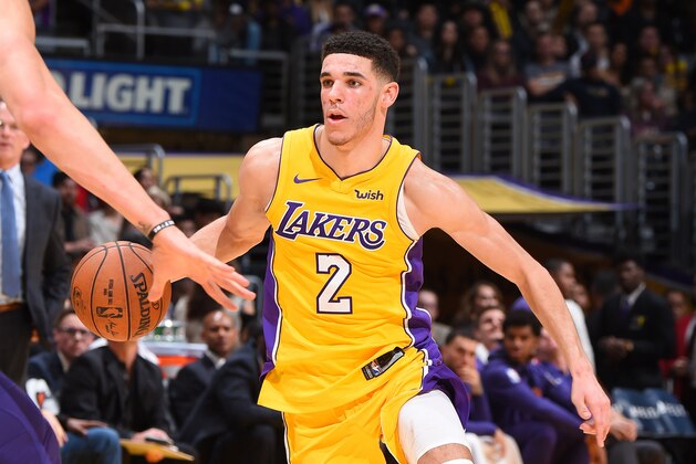 LOS ANGELES, CA - NOVEMBER 17: Lonzo Ball #2 of the Los Angeles Lakers handles the ball against the Phoenix Suns on November 17, 2017 at STAPLES Center in Los Angeles, California. NOTE TO USER: User expressly acknowledges and agrees that, by downloading and/or using this photograph, user is consenting to the terms and conditions of the Getty Images License Agreement. Mandatory Copyright Notice: Copyright 2017 NBAE (Photo by Andrew D. Bernstein/NBAE via Getty Images)