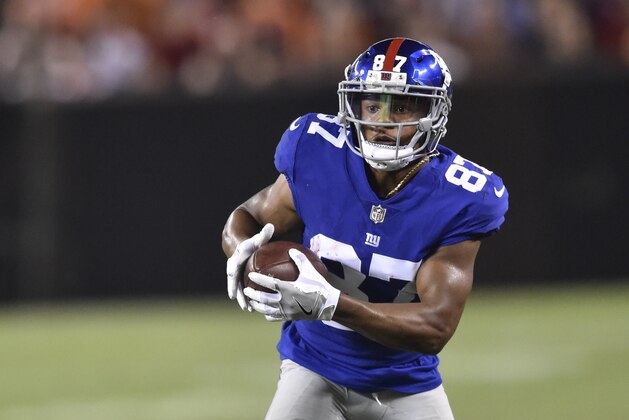 New York Giants wide receiver Sterling Shepard runs with the ball during an NFL preseason football game against the Cleveland Browns, Monday, Aug. 21, 2017, in Cleveland. The Browns won 10-6. (AP Photo/David Richard) New York Giants wide receiver Sterling Shepard runs with the ball during an NFL preseason football game against the Cleveland Browns, Monday, Aug. 21, 2017, in Cleveland. The Browns won 10-6. (AP Photo/David Richard)