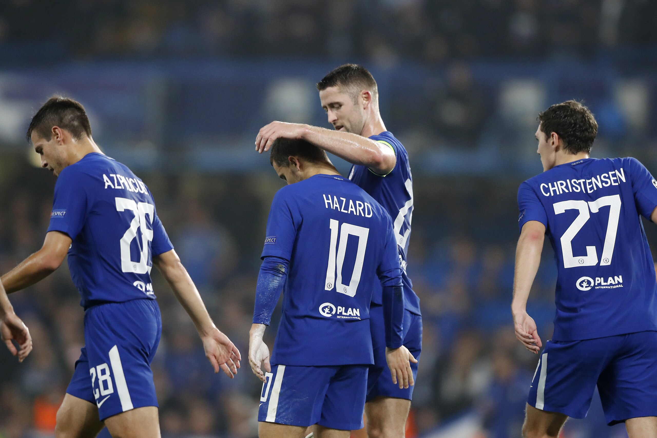Chelsea's Eden Hazard, second from left, celebrates with his teammates after scoring during the Champions League group C soccer match between Chelsea and Roma at Stamford Bridge stadium in London, Wednesday, Oct. 18, 2017. (AP Photo/Frank Augstein)