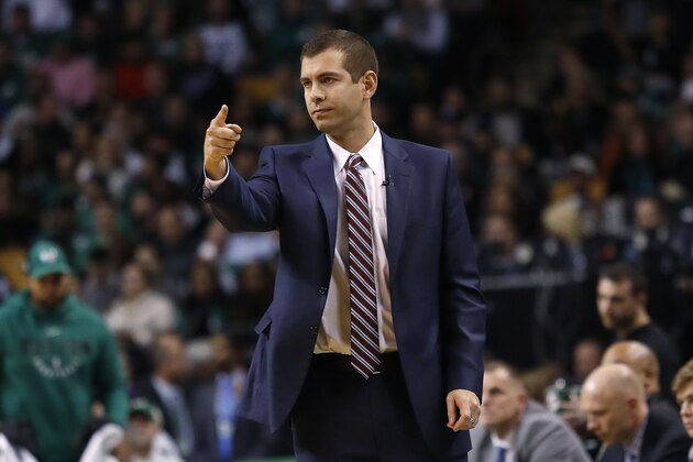 Boston Celtics head coach Brad Stevens during the fourth quarter of Boston's 107-96 win over the Los Angeles Lakers in an NBA basketball game in Boston Wednesday, Nov. 8, 2017. (AP Photo/Winslow Townson)
