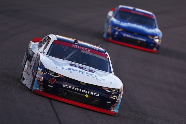 HOMESTEAD, FL - NOVEMBER 18:  William Byron, driver of the #9 Liberty University Chevrolet, leads Elliott Sadler, driver of the #1 OneMain Financial Chevrolet, during the NASCAR XFINITY Series Championship Ford EcoBoost 300 at Homestead-Miami Speedway on November 18, 2017 in Homestead, Florida.  (Photo by Sarah Crabill/Getty Images)