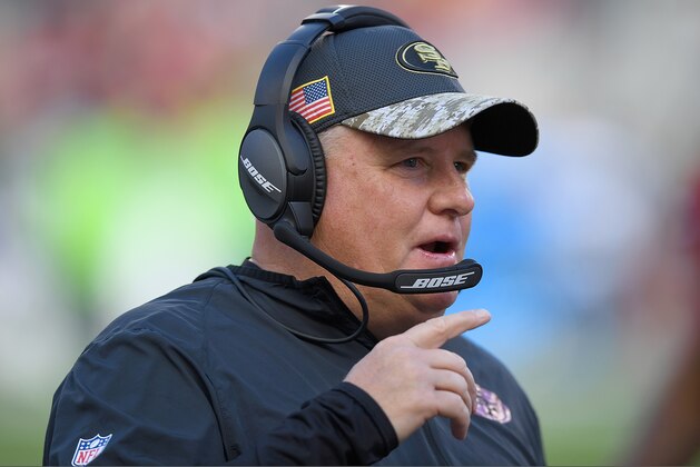 SANTA CLARA, CA - JANUARY 01:  Head coach Chip Kelly of the San Francisco 49ers looks on from the sidelines against the Seattle Seahawks during the first quarter of their NFL football game at Levi's Stadium on January 1, 2017 in Santa Clara, California.  (Photo by Thearon W. Henderson/Getty Images)
