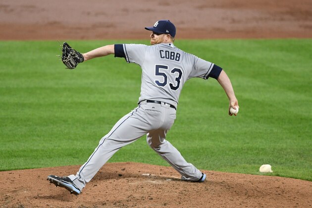 BALTIMORE, MD - SEPTEMBER 22:  Alex Cobb #53 of the Tampa Bay Rays pitches during a baseball game against the Baltimore Orioles at Oriole Park at Camden Yards on September 22, 2017 in Baltimore, Maryland.  The Rays won 8-3.  (Photo by Mitchell Layton/Getty Images)