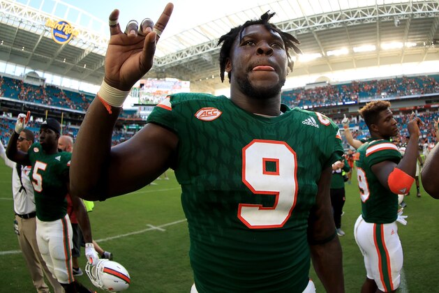 MIAMI GARDENS, FL - NOVEMBER 18:  Chad Thomas #9 of the Miami Hurricanes looks on after winning a game against the Virginia Cavaliers at Hard Rock Stadium on November 18, 2017 in Miami Gardens, Florida.  (Photo by Mike Ehrmann/Getty Images)