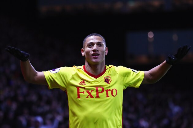 WATFORD, ENGLAND - NOVEMBER 19:  Richarlison de Andrade of Watford celebrates as he scores their second goal during the Premier League match between Watford and West Ham United at Vicarage Road on November 19, 2017 in Watford, England.  (Photo by Clive Rose/Getty Images)