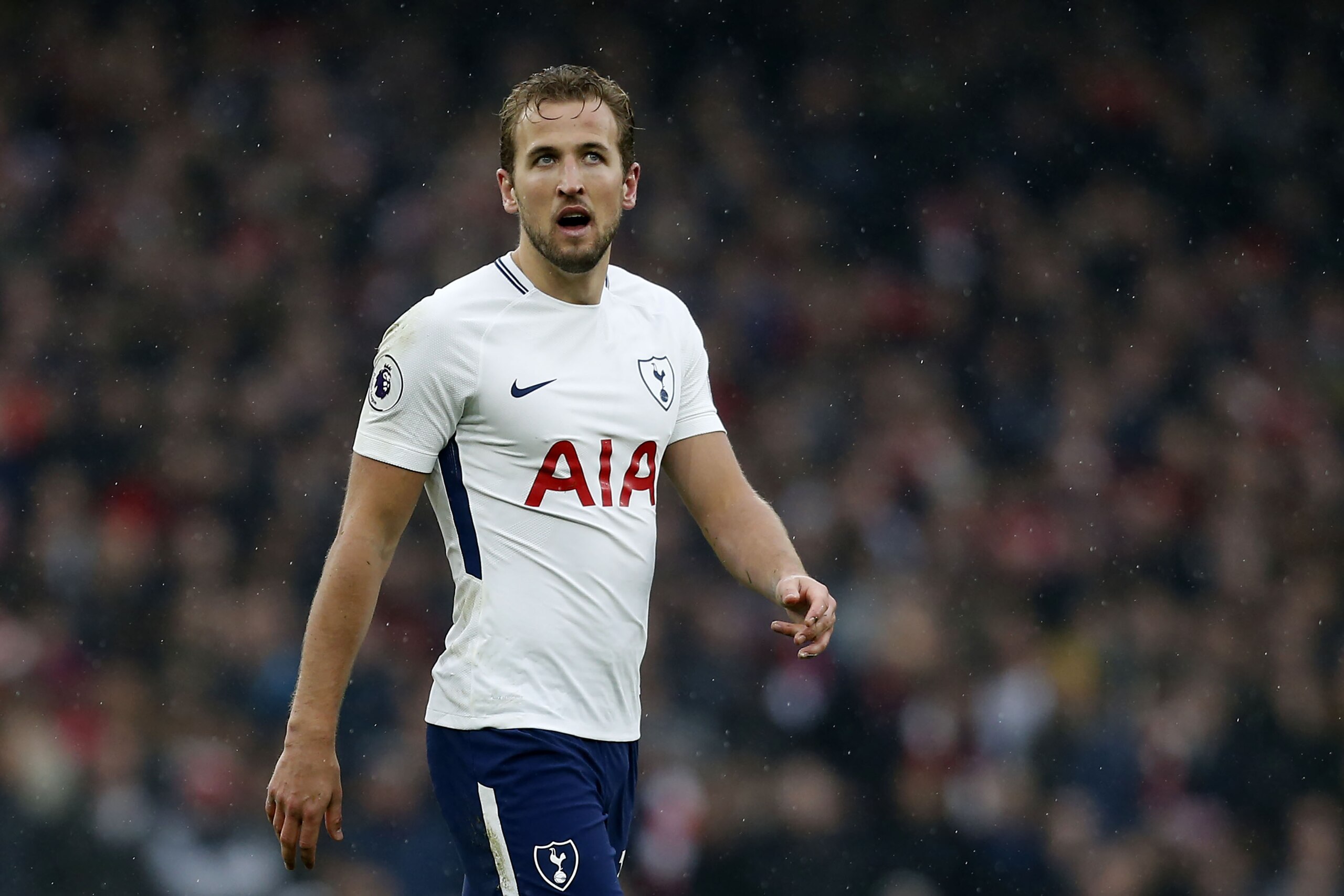 England's striker Harry Kane gestures during the English Premier League football match between Arsenal and Tottenham Hotspur at the Emirates Stadium in London on November 18, 2017.  / AFP PHOTO / IKIMAGES / Ian KINGTON / RESTRICTED TO EDITORIAL USE. No use with unauthorized audio, video, data, fixture lists, club/league logos or 'live' services. Online in-match use limited to 45 images, no video emulation. No use in betting, games or single club/league/player publications.  /         (Photo credit should read IAN KINGTON/AFP/Getty Images)