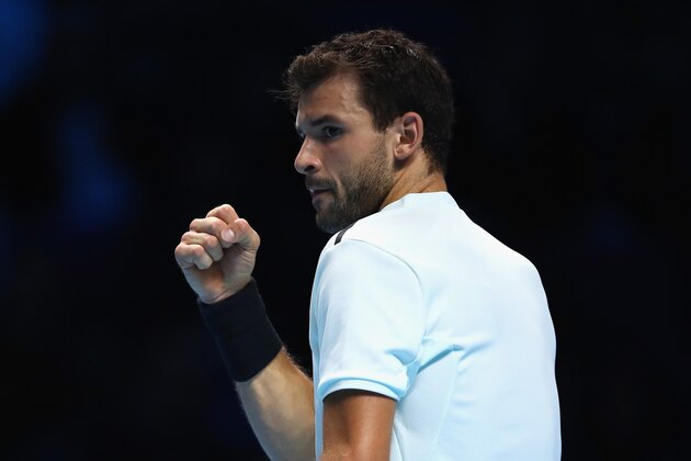 LONDON, ENGLAND - NOVEMBER 19:  Grigor Dimitrov of Bulgaria celebrates a break in the 3rd set during the singles final against David Goffin of Belgium during day eight of the 2017 Nitto ATP World Tour Finals at O2 Arena on November 19, 2017 in London, England.  (Photo by Clive Brunskill/Getty Images)