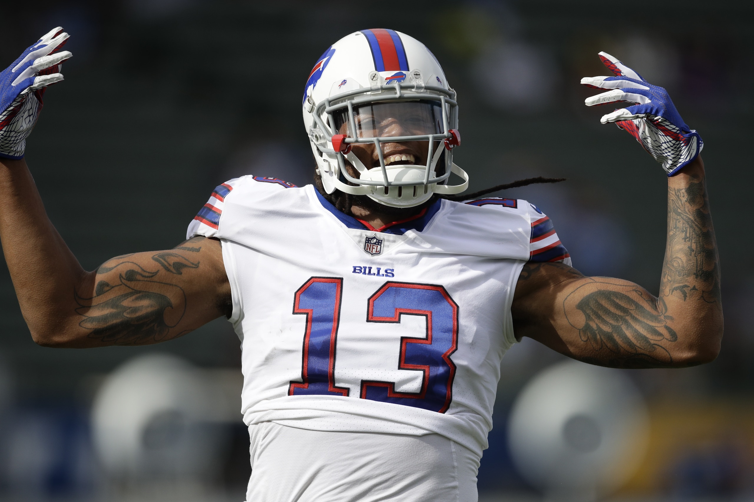 Buffalo Bills wide receiver Kelvin Benjamin watches during warm ups before an NFL football game against the Los Angeles Chargers Sunday, Nov. 19, 2017, in Carson, Calif. (AP Photo/Jae C. Hong)