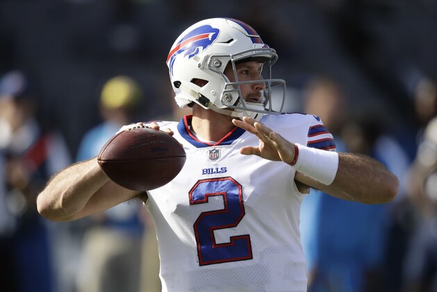 Buffalo Bills quarterback Nathan Peterman throws against the Los Angeles Chargers during the first half of an NFL football game Sunday, Nov. 19, 2017, in Carson, Calif. (AP Photo/Jae C. Hong)