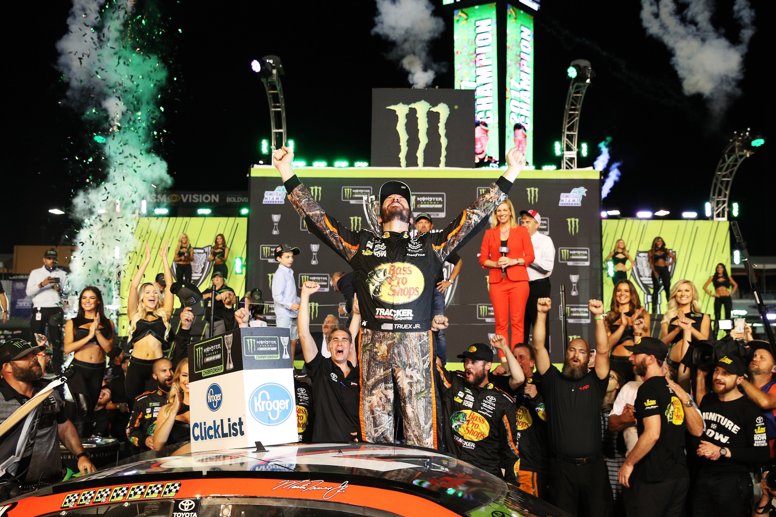 HOMESTEAD, FL - NOVEMBER 19: Martin Truex Jr., driver of the #78 Bass Pro Shops/Tracker Boats Toyota, celebrates in Victory Lane after winning the Monster Energy NASCAR Cup Series Championship and the Monster Energy NASCAR Cup Series Championship Ford EcoBoost 400 at Homestead-Miami Speedway on November 19, 2017 in Homestead, Florida. (Photo by Chris Graythen/Getty Images) HOMESTEAD, FL - NOVEMBER 19: Martin Truex Jr., driver of the #78 Bass Pro Shops/Tracker Boats Toyota, celebrates in Victory Lane after winning the Monster Energy NASCAR Cup Series Championship and the Monster Energy NASCAR Cup Series Championship Ford EcoBoost 400 at Homestead-Miami Speedway on November 19, 2017 in Homestead, Florida. (Photo by Chris Graythen/Getty Images)