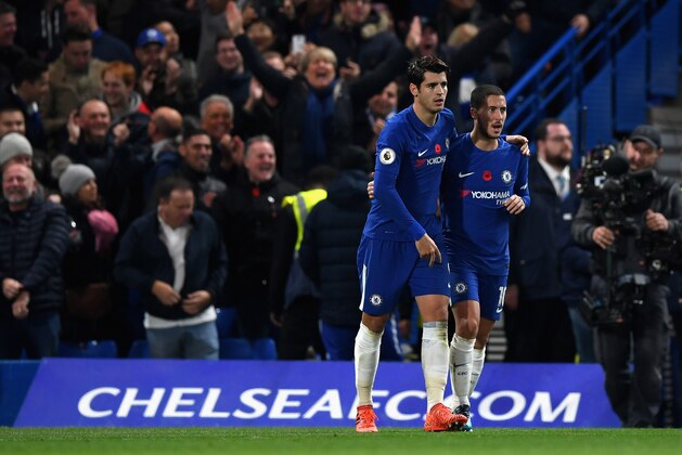LONDON, ENGLAND - NOVEMBER 05: Alvaro Morata of Chelsea celebrates scoring his sides first goal with Eden Hazard of Chelsea during the Premier League match between Chelsea and Manchester United at Stamford Bridge on November 5, 2017 in London, England.  (Photo by Shaun Botterill/Getty Images)
