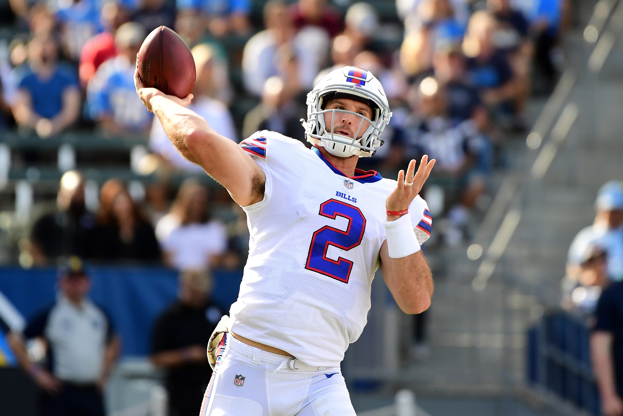 CARSON, CA - NOVEMBER 19:  Nathan Peterman #2 of the Buffalo Bills throws a pass during the second quarter of the game against the Los Angeles Chargers at the StubHub Center on November 19, 2017 in Carson, California.  (Photo by Harry How/Getty Images)