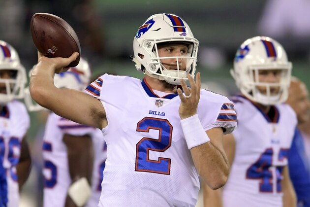 Buffalo Bills quarterback Nathan Peterman works out prior to an NFL football game against the New York Jets, Thursday, Nov. 2, 2017, in East Rutherford, N.J. (AP Photo/Bill Kostroun)