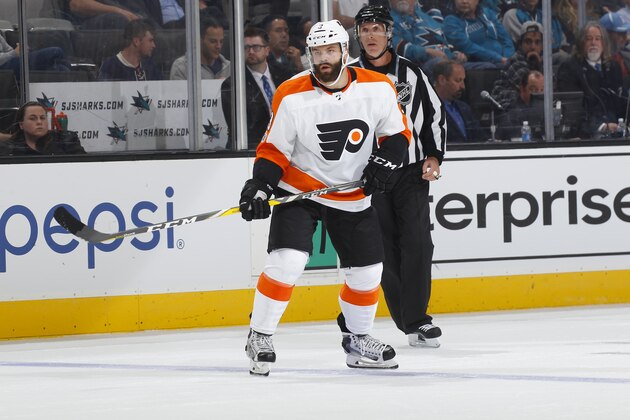 SAN JOSE, CA - OCTOBER 4: Radko Gudas #3 of the Philadelphia Flyers looks on during a NHL game against the San Jose Sharks at SAP Center at San Jose on October 4, 2017 in San Jose, California. (Photo by Rocky W. Widner/NHL/Getty Images)