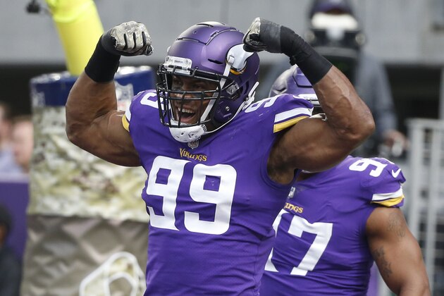 Minnesota Vikings defensive end Danielle Hunter (99) celebrates after sacking Los Angeles Rams quarterback Jared Goff during the first half of an NFL football game, Sunday, Nov. 19, 2017, in Minneapolis. (AP Photo/Bruce Kluckhohn)