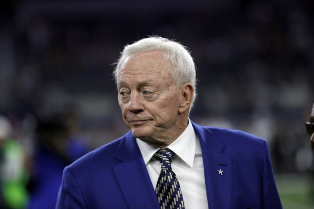 Dallas Cowboys team owner Jerry Jones stands on the field during warm ups before an NFL football game against the Philadelphia Eagles on Sunday, Nov. 19, 2017, in Arlington, Texas. (AP Photo/Ron Jenkins)