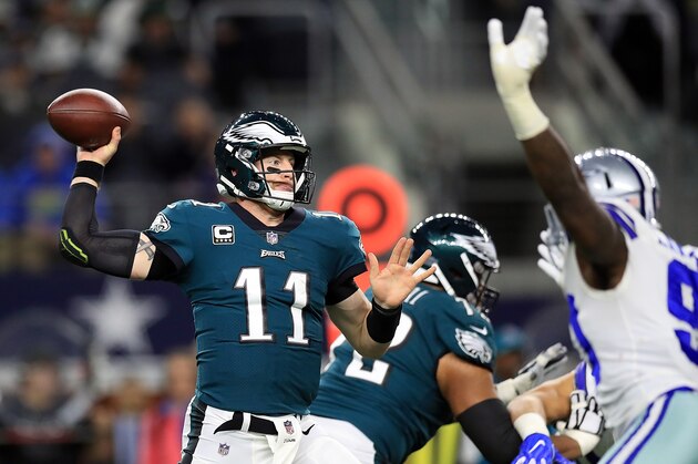 ARLINGTON, TX - NOVEMBER 19: Carson Wentz #11 of the Philadelphia Eagles throws against the Dallas Cowboys in the first half at AT&T Stadium on November 19, 2017 in Arlington, Texas. (Photo by Ronald Martinez/Getty Images) ARLINGTON, TX - NOVEMBER 19: Carson Wentz #11 of the Philadelphia Eagles throws against the Dallas Cowboys in the first half at AT&T Stadium on November 19, 2017 in Arlington, Texas. (Photo by Ronald Martinez/Getty Images)