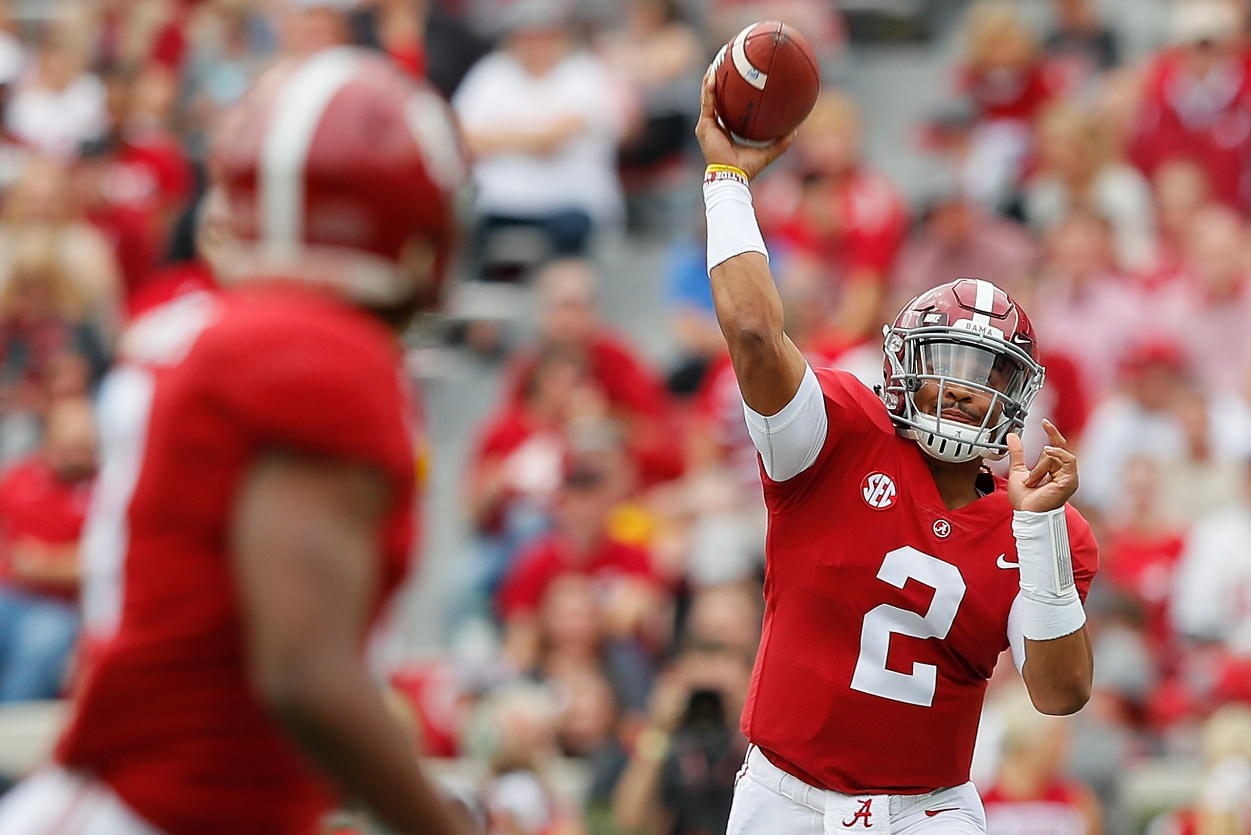 TUSCALOOSA, AL - NOVEMBER 18:  Jalen Hurts #2 of the Alabama Crimson Tide passes against the Mercer Bears at Bryant-Denny Stadium on November 18, 2017 in Tuscaloosa, Alabama.  (Photo by Kevin C. Cox/Getty Images)