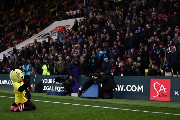 WATFORD, ENGLAND - NOVEMBER 19: Harry the Hornet, mascot of Watford taunts the West Ham fans beforethe Premier League match between Watford and West Ham United at Vicarage Road on November 19, 2017 in Watford, England. (Photo by Catherine Ivill/Getty Images)