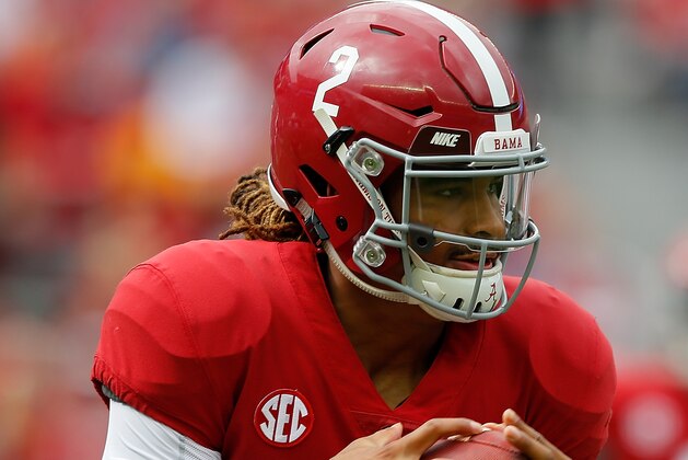 TUSCALOOSA, AL - NOVEMBER 18:  Jalen Hurts #2 of the Alabama Crimson Tide rushes against the Mercer Bears at Bryant-Denny Stadium on November 18, 2017 in Tuscaloosa, Alabama.  (Photo by Kevin C. Cox/Getty Images)