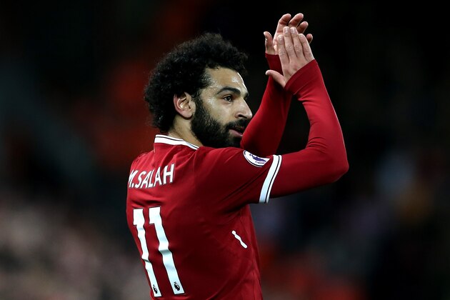 LIVERPOOL, ENGLAND - NOVEMBER 18:  Mohamed Salah of Liverpool acknoweldges the crowd during the Premier League match between Liverpool and Southampton at Anfield on November 18, 2017 in Liverpool, England.  (Photo by Jan Kruger/Getty Images)