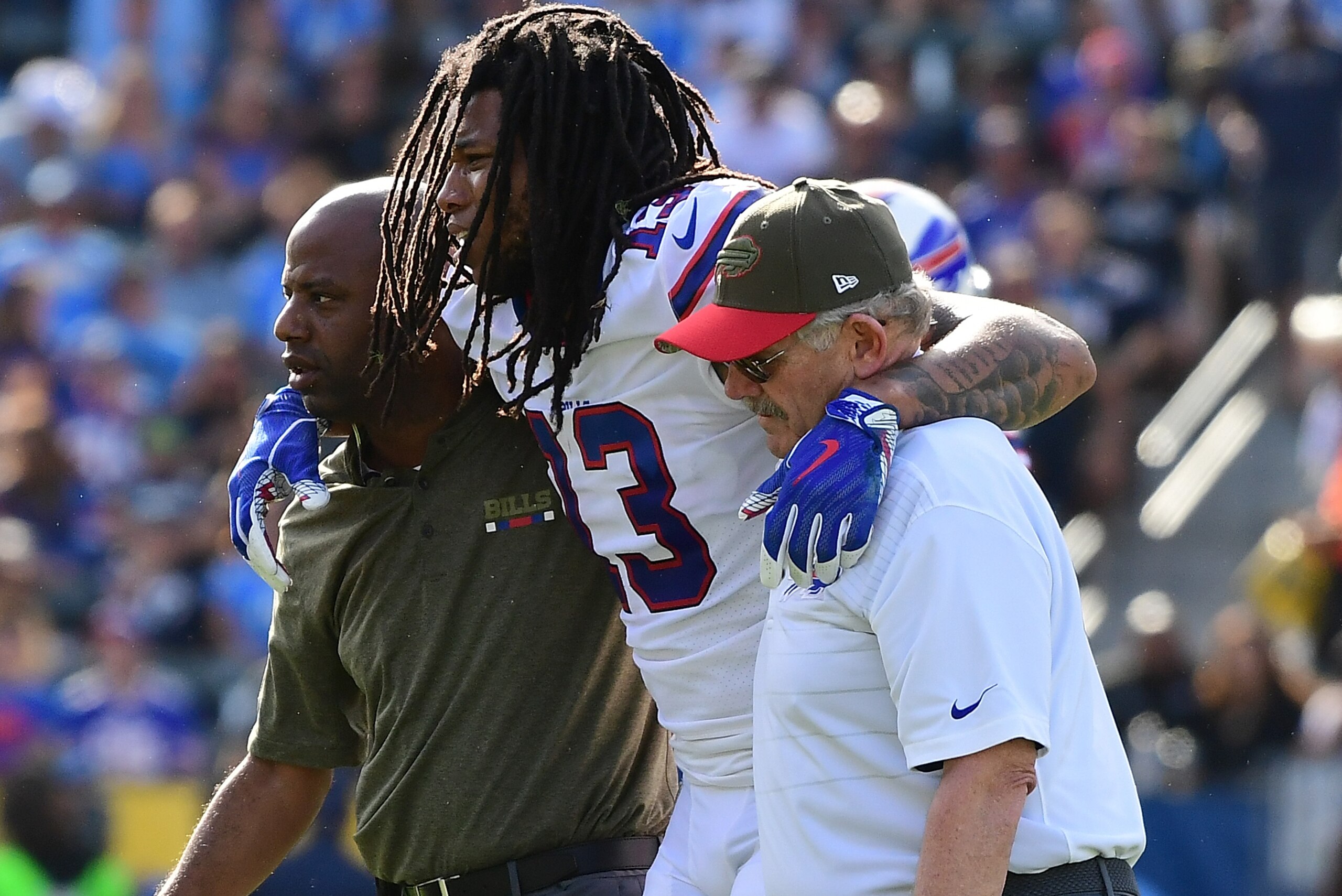 CARSON, CA - NOVEMBER 19:  Kelvin Benjamin #13 of the Buffalo Bills leaves the field after getting injured in the first quarter during the game against the Los Angeles Chargers at the StubHub Center on November 19, 2017 in Carson, California.  (Photo by Harry How/Getty Images)