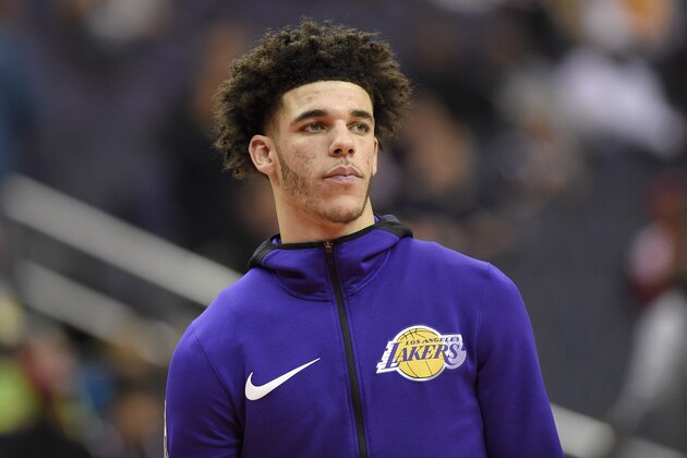 Los Angeles Lakers guard Lonzo Ball (2) warms up before an NBA basketball game against the Washington Wizards, Thursday, Nov. 9, 2017, in Washington. (AP Photo/Nick Wass)