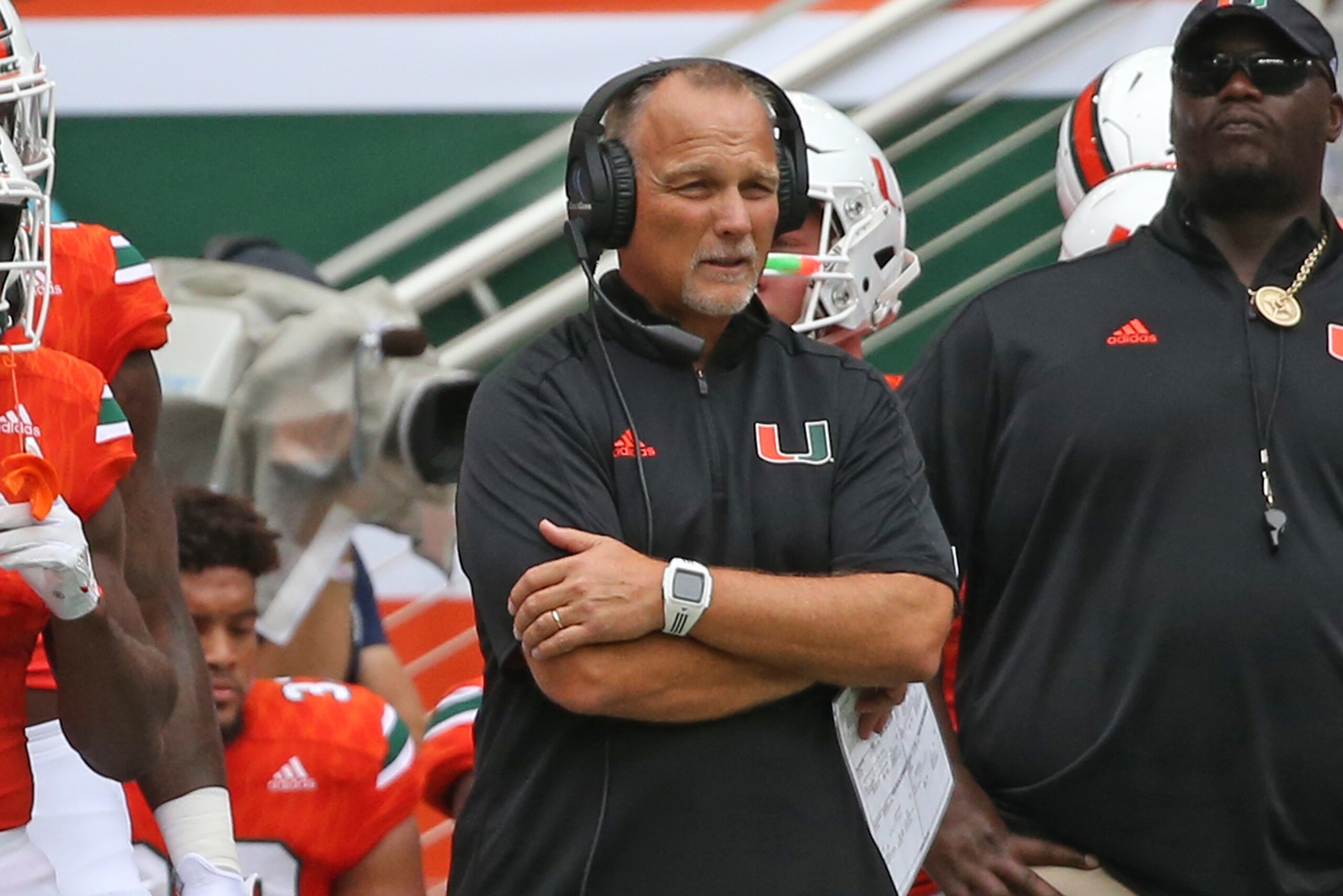 Miami Gardens, FL - SEPTEMBER 2: Head coach Mark Richt of the Miami Hurricanes looks on from the sideline during first quarter action against the Bethune Cookman Wildcats on September 2, 2017 at Hard Rock Stadium in Miami Gardens, Florida. Miami defeated Bethune-Cookman 41-13. (Photo by Joel Auerbach/Getty Images)