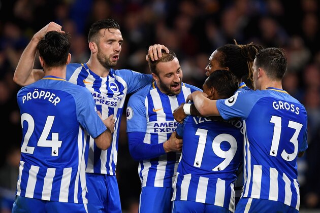 BRIGHTON, ENGLAND - NOVEMBER 20:  Jose Izquierdo of Brighton and Hove Albion celebrates scoring his side's second goal with team mates during the Premier League match between Brighton and Hove Albion and Stoke City at Amex Stadium on November 20, 2017 in Brighton, England.  (Photo by Mike Hewitt/Getty Images)