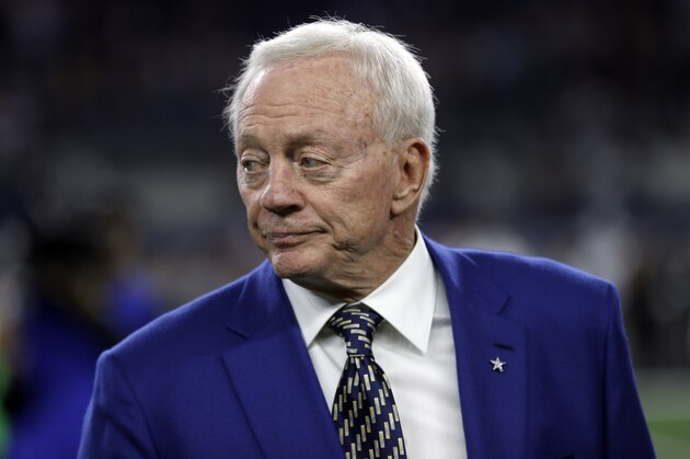 Dallas Cowboys team owner Jerry Jones stands on the field during warm ups before an NFL football game against the Philadelphia Eagles on Sunday, Nov. 19, 2017, in Arlington, Texas. (AP Photo/Ron Jenkins) Dallas Cowboys team owner Jerry Jones stands on the field during warm ups before an NFL football game against the Philadelphia Eagles on Sunday, Nov. 19, 2017, in Arlington, Texas. (AP Photo/Ron Jenkins)