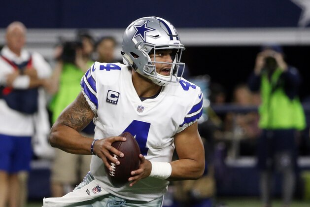 Dallas Cowboys quarterback Dak Prescott (4) drops back to pass against the Philadelphia Eagles in the first half of an NFL football game, Sunday, Nov. 19, 2017, in Arlington, Texas. (AP Photo/Michael Ainsworth) Dallas Cowboys quarterback Dak Prescott (4) drops back to pass against the Philadelphia Eagles in the first half of an NFL football game, Sunday, Nov. 19, 2017, in Arlington, Texas. (AP Photo/Michael Ainsworth)