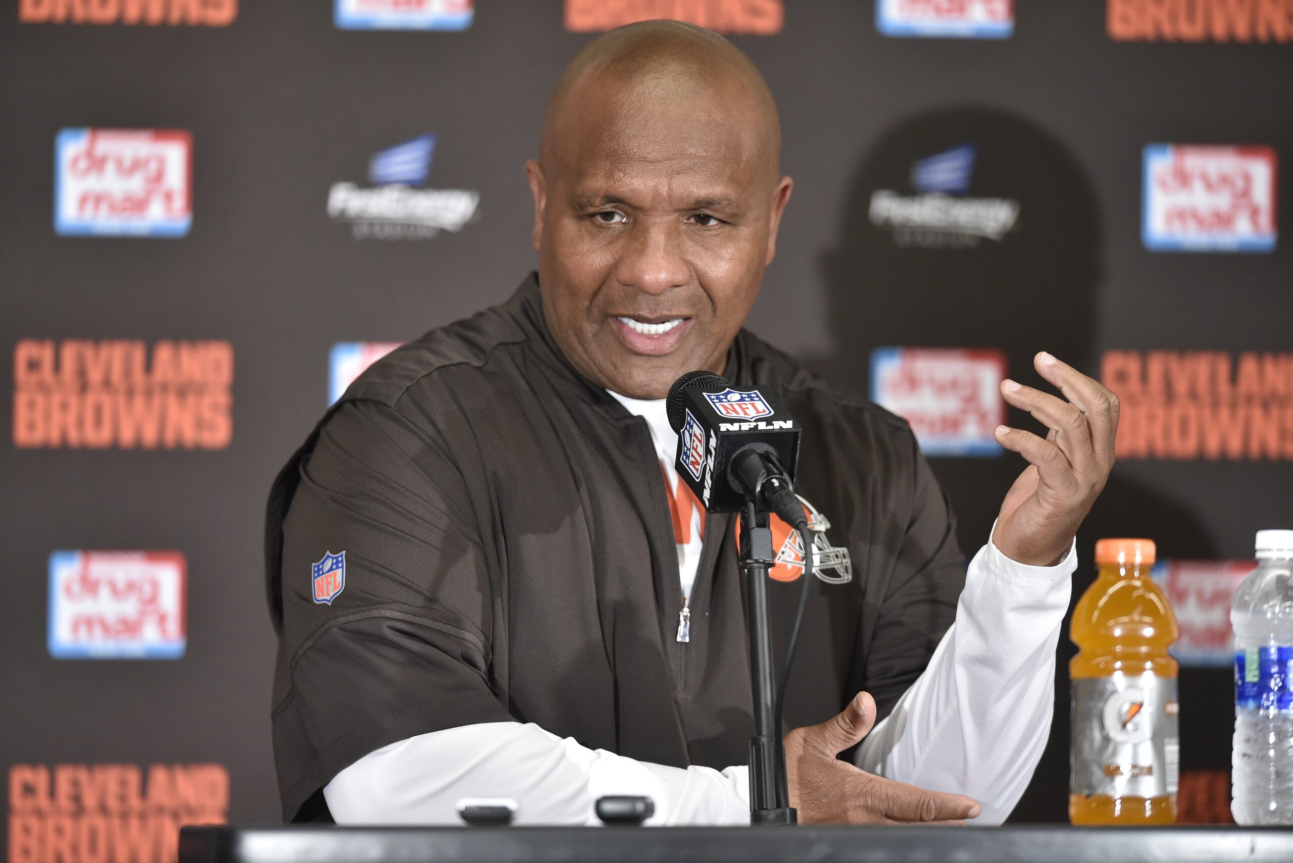 Cleveland Browns head coach Hue Jackson speaks to the media after an NFL football game against the Tennessee Titans, Sunday, Oct. 22, 2017, in Cleveland. The Titans won 12-9 in overtime. (AP Photo/David Richard)