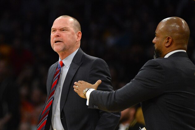 LOS ANGELES, CA - NOVEMBER 19:  Michael Malone, head coach of the Denver Nuggets is held back by assistant coach Wes Unseld Jr. as he gets ejected from the game against the Los Angeles Lakers on November 19, 2017 at STAPLES Center in Los Angeles, California. NOTE TO USER: User expressly acknowledges and agrees that, by downloading and or using this photograph, User is consenting to the terms and conditions of the Getty Images License Agreement.Ê (Photo by Robert Laberge/Getty Images)