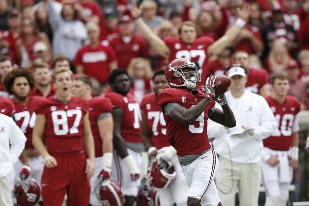 Alabama wide receiver Calvin Ridley catches the pass and runs in to score a touchdown against Mercer during the first half of an NCAA college football game, Saturday, Nov. 18, 2017, in Tuscaloosa, Ala. (AP Photo/Brynn Anderson)