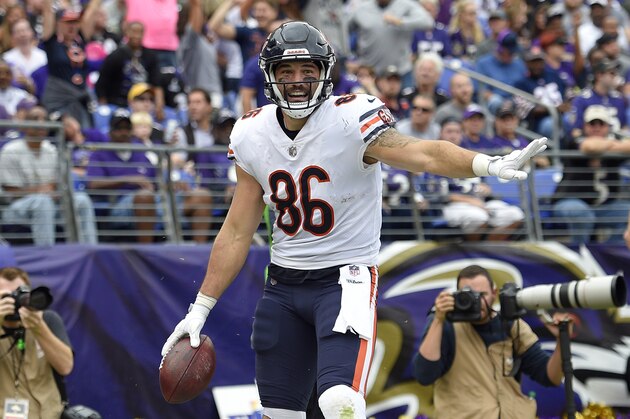 Chicago Bears tight end Zach Miller celebrates after scoring a touchdown in the first half of an NFL football game against the Baltimore Ravens, Sunday, Oct. 15, 2017, in Baltimore. (AP Photo/Nick Wass)