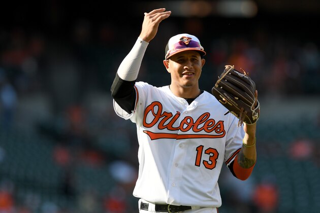 BALTIMORE, MD - SEPTEMBER 24:  Manny Machado #13 of the Baltimore Orioles plays third base against the Tampa Bay Rays at Oriole Park at Camden Yards on September 24, 2017 in Baltimore, Maryland.  (Photo by G Fiume/Getty Images)